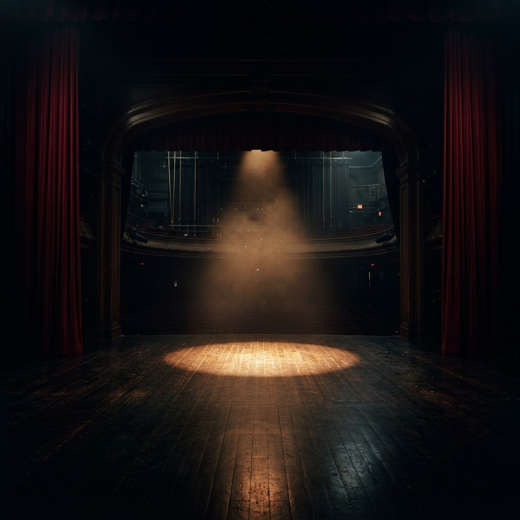 A dimly lit theater stage framed by crimson velvet curtains with a single golden spotlight.